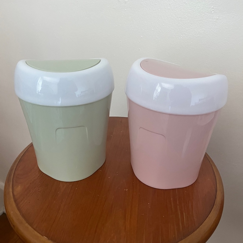 Two Mini Pink and Green Desk Trashcans